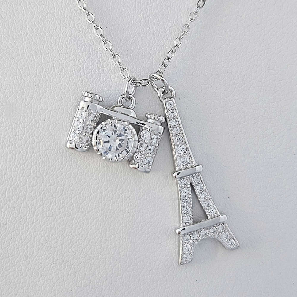Paris Eiffel Tower and Camera Necklace, 925 Sterling Silver